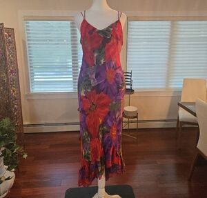 Y2K 100% Silk Floral Spaghetti Strap Asymetrical Ruffled Midi Dress Size 8